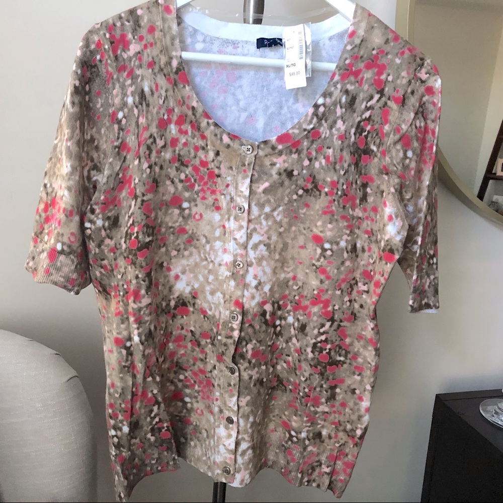 New Reitman’s XL Short Sleeved Button Cardigan Sweater Beige Pink Coral Print